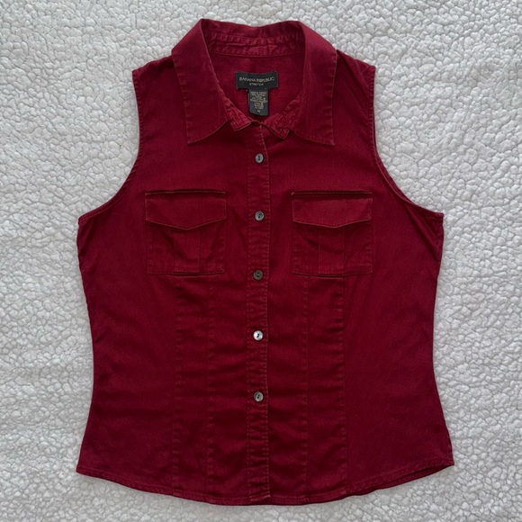 Banana Republic dark red button up sleeveless collared fitted stretch top M - Picture 6 of 6